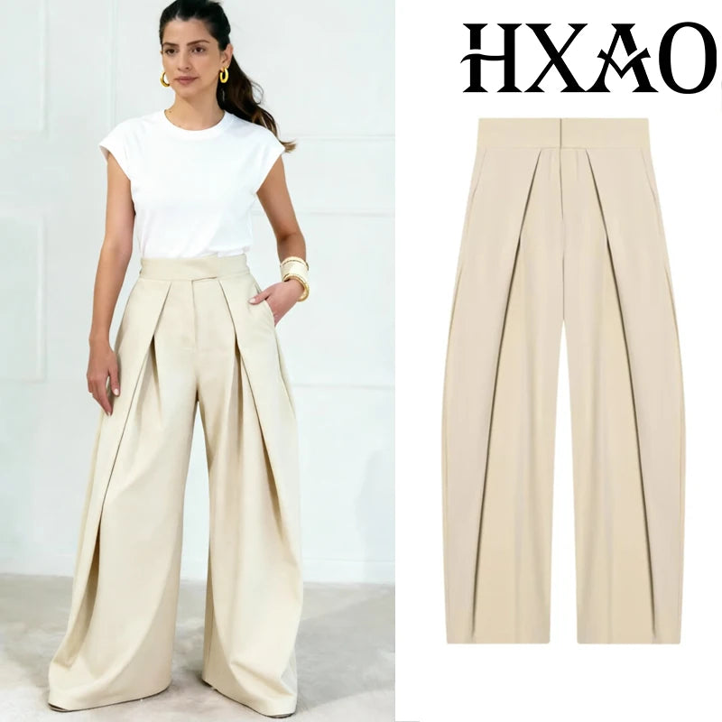 Pantalones anchos plisados HXAO para mujer, pantalones de traje holgados para mujer, pantalones beige de cintura alta para oficina y trabajo, pantalones de pierna ancha oversize para primavera