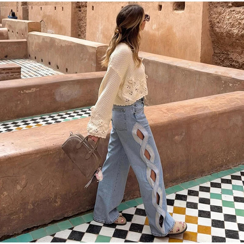 Moda mujer diamante estrella azul Jeans cintura alta bolsillos cremallera pierna ancha Denim pantalón 2026 primavera señora calle todo-fósforo pantalón