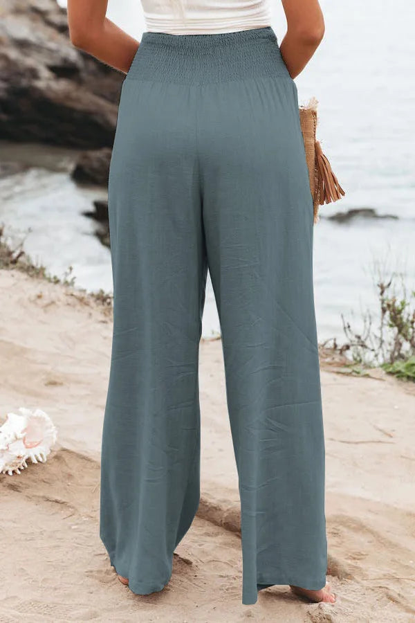 Pantalones casuales de mujer con cordón, cintura media, pierna ancha de playa, primavera y verano, pantalones europeos y americanos