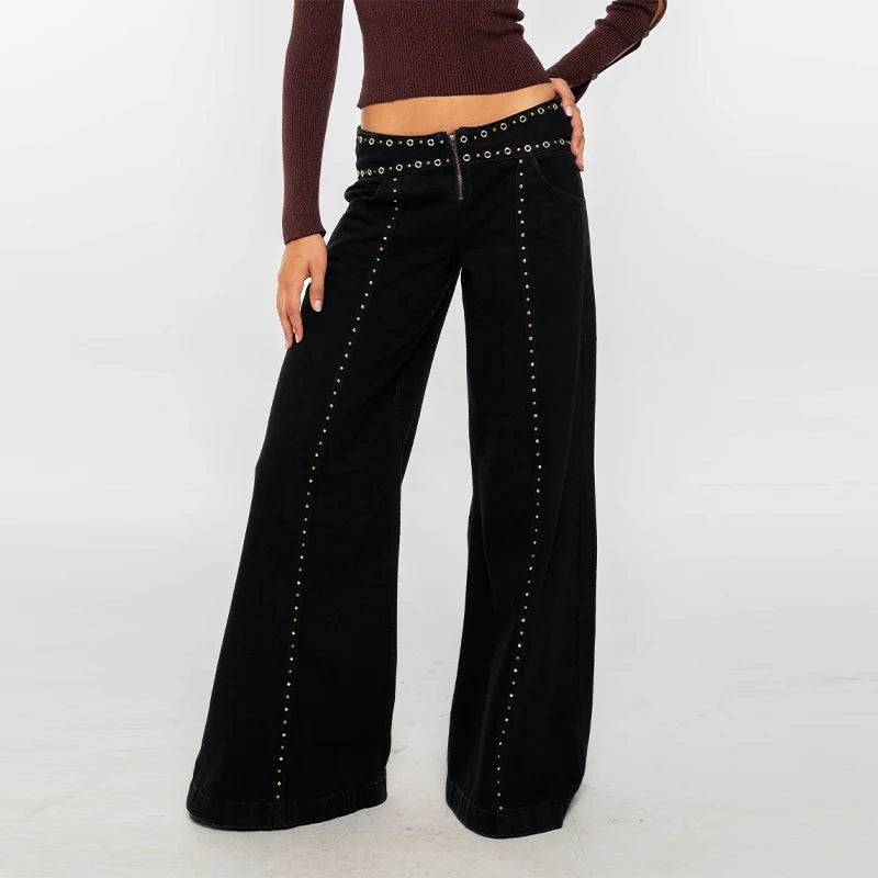 Pantalones vaqueros con agujeros y remaches negros para mujer, pantalones largos Vintage de cintura media, pantalones vaqueros de pierna recta con cremallera Y2K a la moda