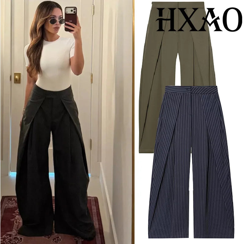 Pantalones anchos plisados HXAO para mujer, pantalones de traje holgados para mujer, pantalones beige de cintura alta para oficina y trabajo, pantalones de pierna ancha oversize para primavera