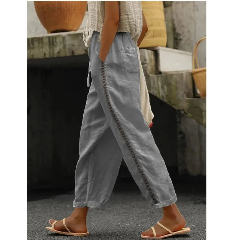Pantalones Casuales de Mujer con Encaje y Parches, Estilo Capri, para Primavera y Verano, Nuevas Llegadas