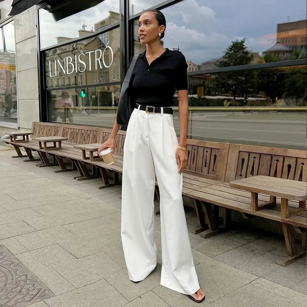 Pantalones de pierna ancha blancos ligeros de lujo para mujer, pantalones de pierna recta de cintura alta con temperamento versátil para ir al trabajo y ocio, primavera y otoño