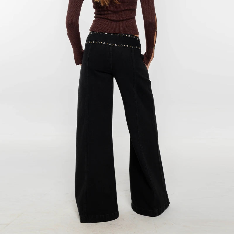 Pantalones vaqueros con agujeros y remaches negros para mujer, pantalones largos Vintage de cintura media, pantalones vaqueros de pierna recta con cremallera Y2K a la moda