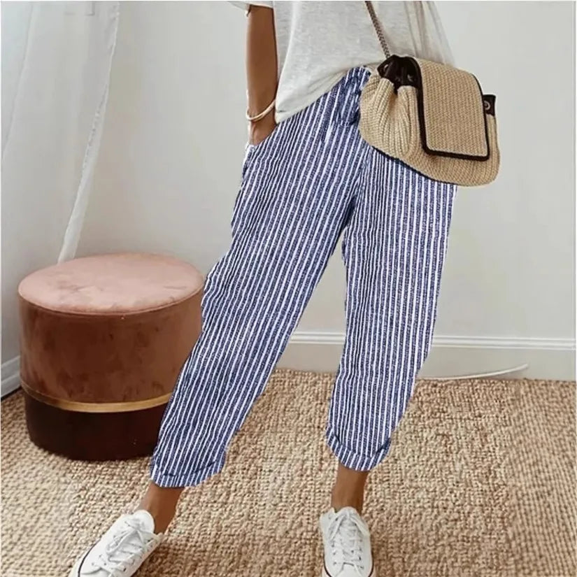 Pantalones informales con cordón de cintura elástica y estampado de rayas holgadas a la moda para mujer transfronteriza europea y americana novedad de verano