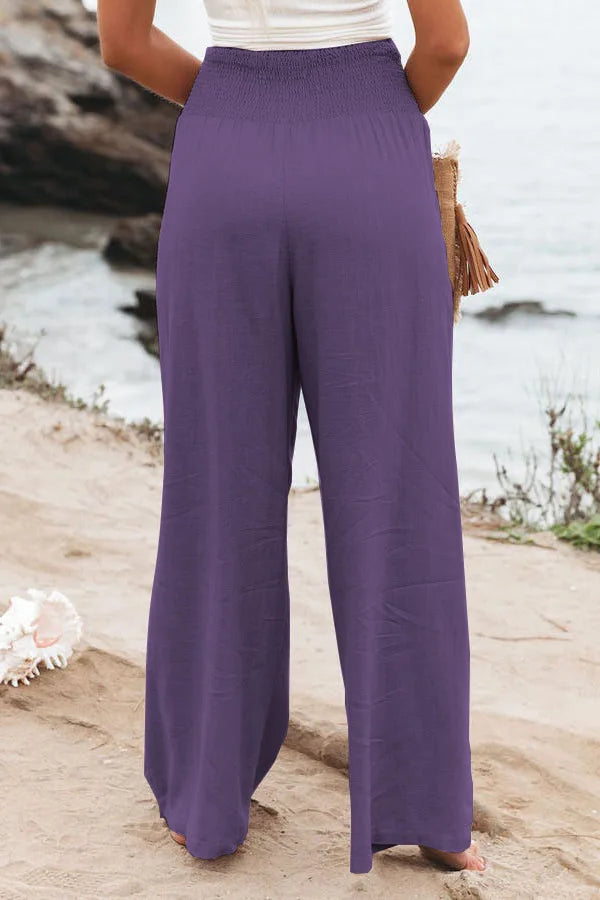 Pantalones casuales de mujer con cordón, cintura media, pierna ancha de playa, primavera y verano, pantalones europeos y americanos