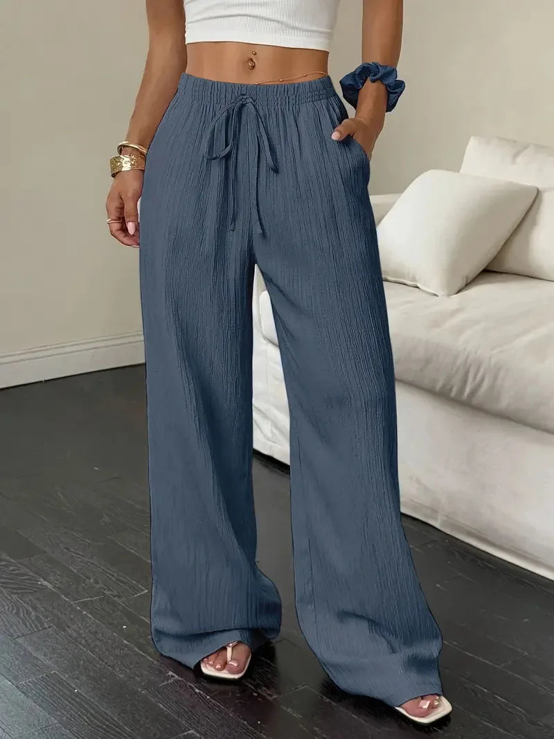 Pantalones de Moda Texturizados de Color Sólido, Pantalones Rectos con Cordones en la Cintura y Bolsillos para Mujer, Primavera-Verano, Ropa Mujer