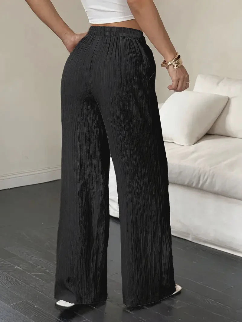 Pantalones de Moda Texturizados de Color Sólido, Pantalones Rectos con Cordones en la Cintura y Bolsillos para Mujer, Primavera-Verano, Ropa Mujer