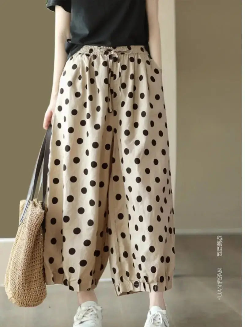 Pantalones de pierna ancha de lunares para mujer, novedad de verano, pantalones cortos informales finos y sueltos