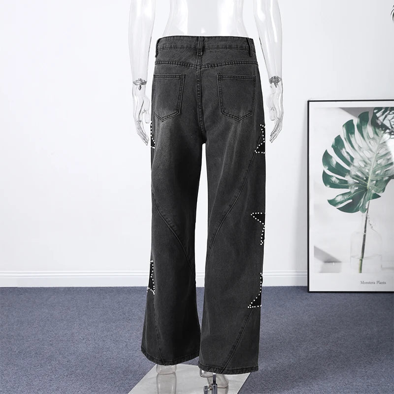 Moda mujer diamante estrella azul Jeans cintura alta bolsillos cremallera pierna ancha Denim pantalón 2026 primavera señora calle todo-fósforo pantalón