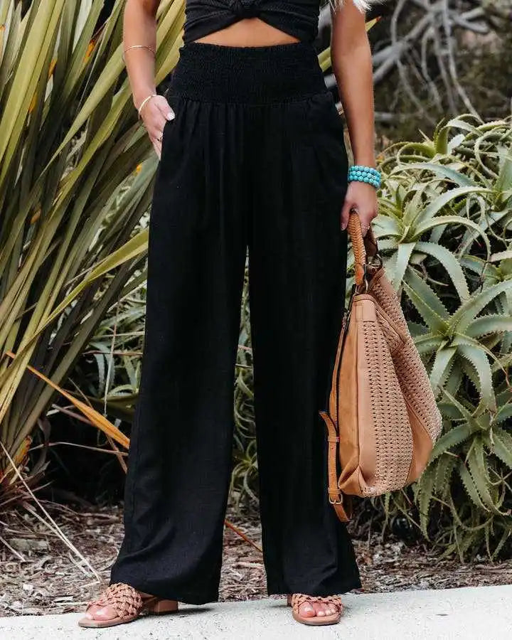Pantalones casuales de mujer con cordón, cintura media, pierna ancha de playa, primavera y verano, pantalones europeos y americanos