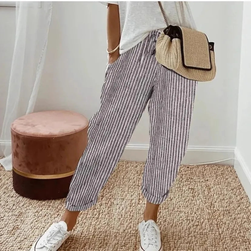Pantalones informales con cordón de cintura elástica y estampado de rayas holgadas a la moda para mujer transfronteriza europea y americana novedad de verano