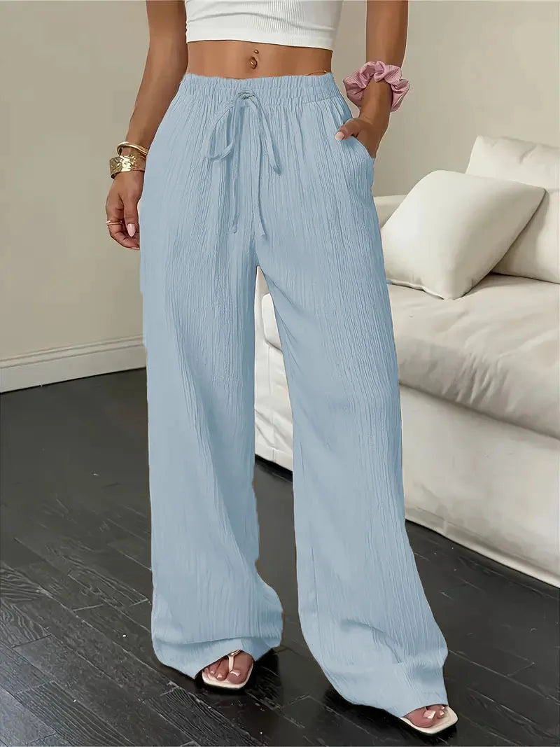 Pantalones de Moda Texturizados de Color Sólido, Pantalones Rectos con Cordones en la Cintura y Bolsillos para Mujer, Primavera-Verano, Ropa Mujer