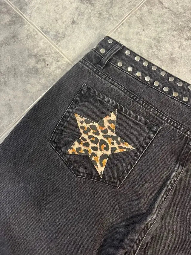 Y2k One Dilemma pantalones vaqueros con estampado de leopardo y estrellas, pantalones vaqueros de pierna ancha, ropa de calle, pantalones vaqueros holgados de cintura alta, ropa gótica Harajuku para mujer