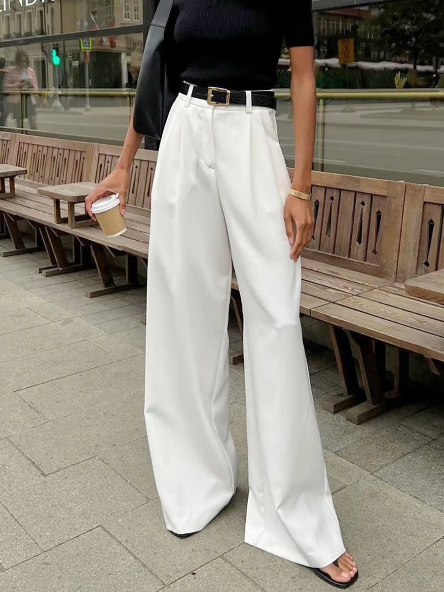 Pantalones de pierna ancha blancos ligeros de lujo para mujer, pantalones de pierna recta de cintura alta con temperamento versátil para ir al trabajo y ocio, primavera y otoño