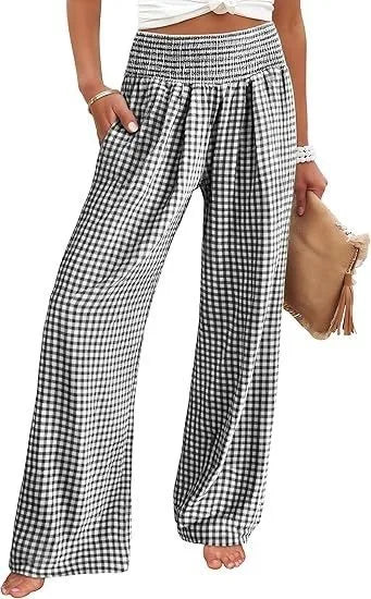 Pantalones Anchos de Cintura Media con Estampado Informal a Cuadros, de Algodón y Cáñamo, para Mujer, Primavera/Verano 2026