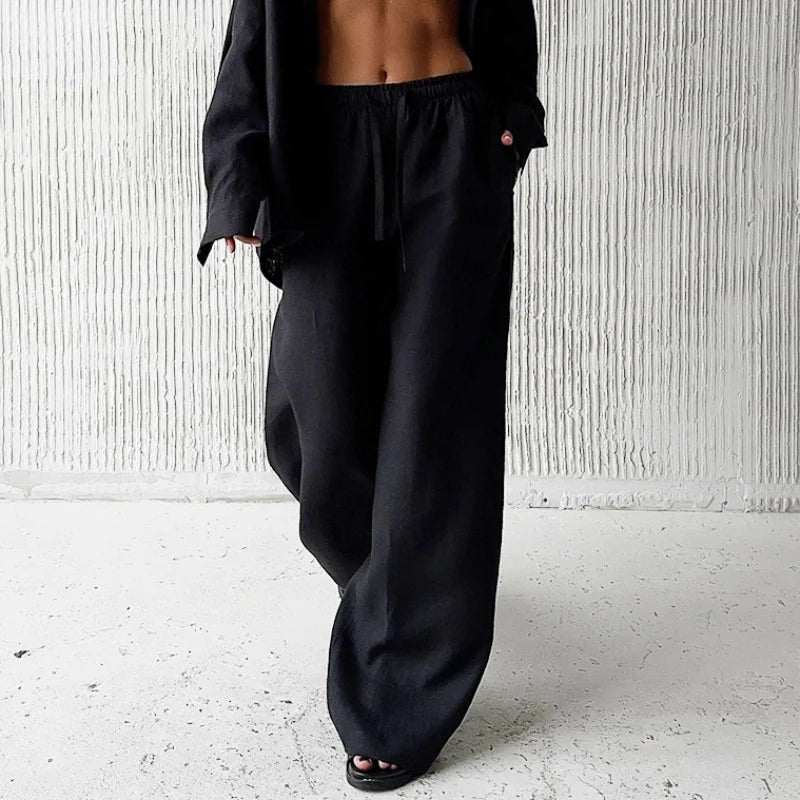Pantalones holgados elegantes de lino y algodón para mujer, pantalón holgado de pierna ancha con cordón y cintura alta, ropa de calle informal, pantalones nuevos