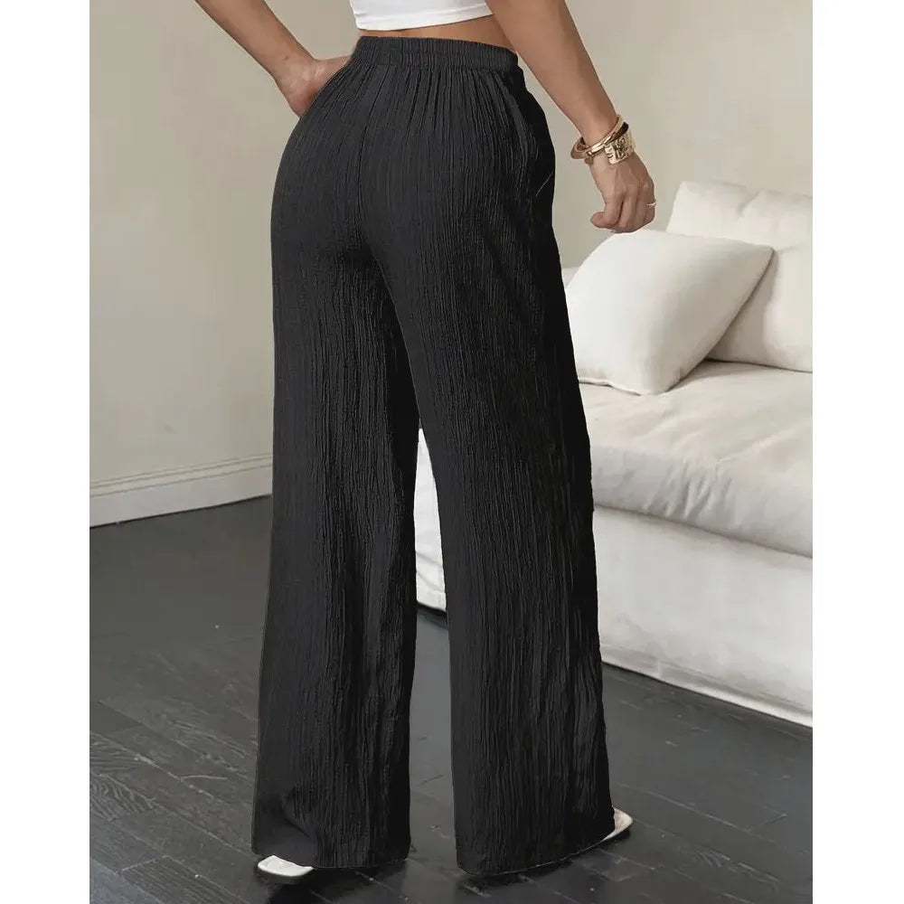 Pantalones de Moda Texturizados de Color Sólido, Pantalones Rectos con Cordones en la Cintura y Bolsillos para Mujer, Primavera-Verano, Ropa Mujer