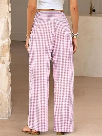 Pantalones Anchos de Cintura Media con Estampado Informal a Cuadros, de Algodón y Cáñamo, para Mujer, Primavera/Verano 2026