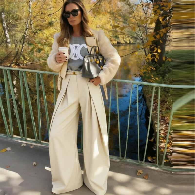 Pantalones anchos plisados HXAO para mujer, pantalones de traje holgados para mujer, pantalones beige de cintura alta para oficina y trabajo, pantalones de pierna ancha oversize para primavera