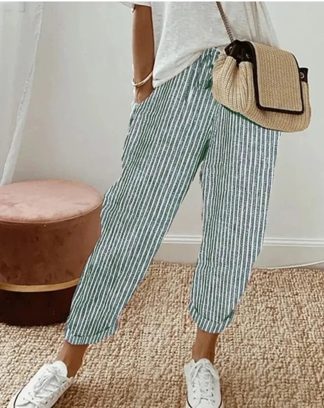 Pantalones informales con cordón de cintura elástica y estampado de rayas holgadas a la moda para mujer transfronteriza europea y americana novedad de verano