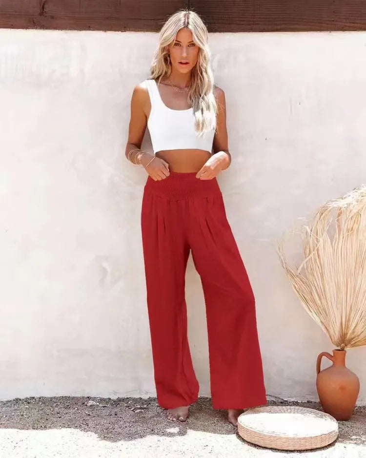 Pantalones casuales de mujer con cordón, cintura media, pierna ancha de playa, primavera y verano, pantalones europeos y americanos
