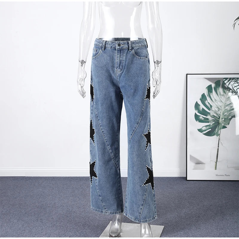 Moda mujer diamante estrella azul Jeans cintura alta bolsillos cremallera pierna ancha Denim pantalón 2026 primavera señora calle todo-fósforo pantalón