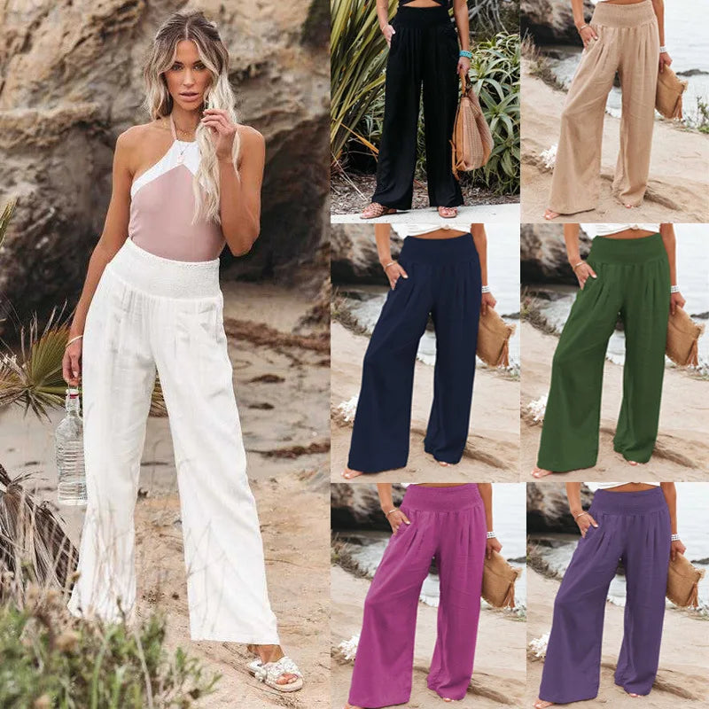 Pantalones casuales de mujer con cordón, cintura media, pierna ancha de playa, primavera y verano, pantalones europeos y americanos