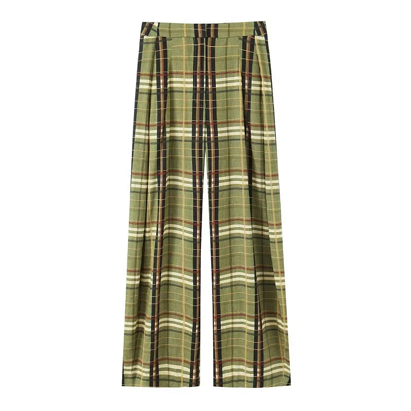 MUJER pantalones holgados a cuadros para mujer, pantalones informales de pierna ancha para mujer, pantalones de talla grande de cintura media para mujer, pantalones plisados Vintage para mujer