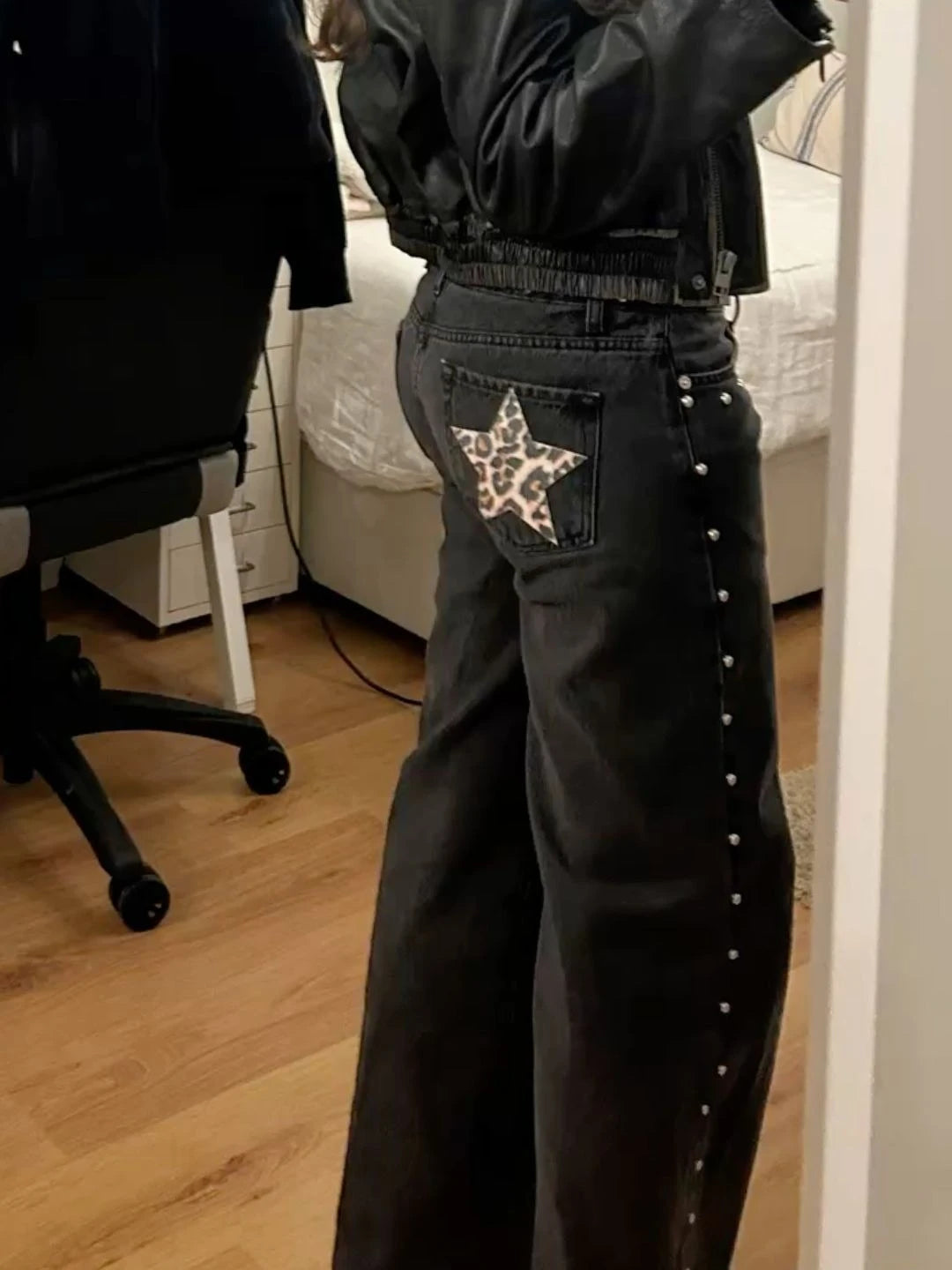 Y2k One Dilemma pantalones vaqueros con estampado de leopardo y estrellas, pantalones vaqueros de pierna ancha, ropa de calle, pantalones vaqueros holgados de cintura alta, ropa gótica Harajuku para mujer