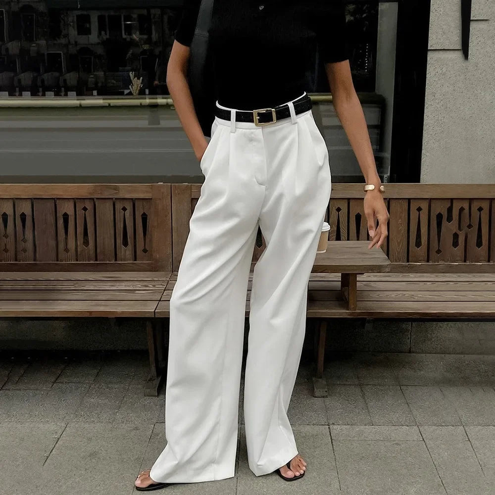 Pantalones de pierna ancha blancos ligeros de lujo para mujer, pantalones de pierna recta de cintura alta con temperamento versátil para ir al trabajo y ocio, primavera y otoño