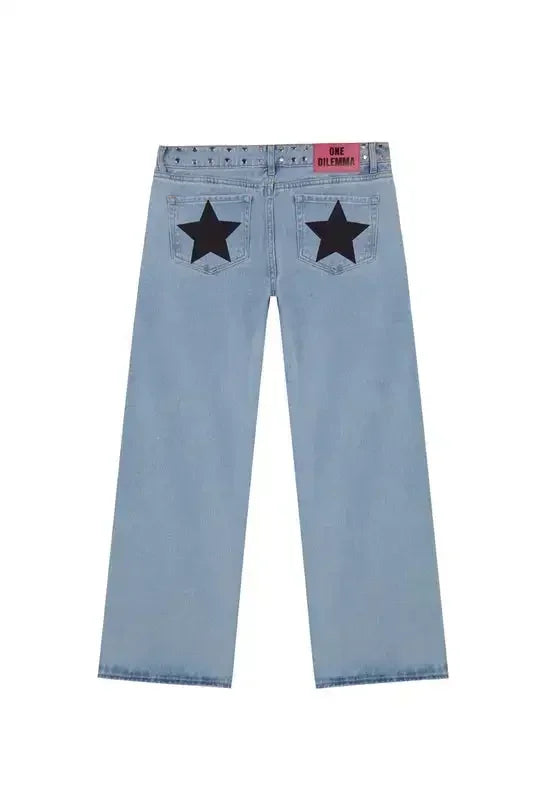 Y2k One Dilemma pantalones vaqueros con estampado de leopardo y estrellas, pantalones vaqueros de pierna ancha, ropa de calle, pantalones vaqueros holgados de cintura alta, ropa gótica Harajuku para mujer
