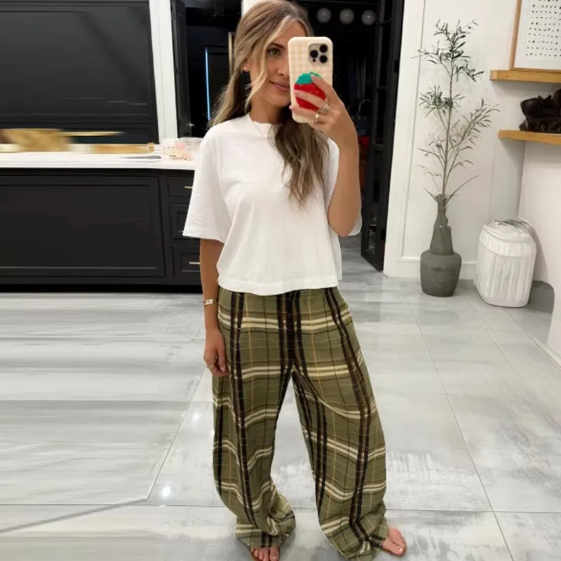 MUJER pantalones holgados a cuadros para mujer, pantalones informales de pierna ancha para mujer, pantalones de talla grande de cintura media para mujer, pantalones plisados Vintage para mujer