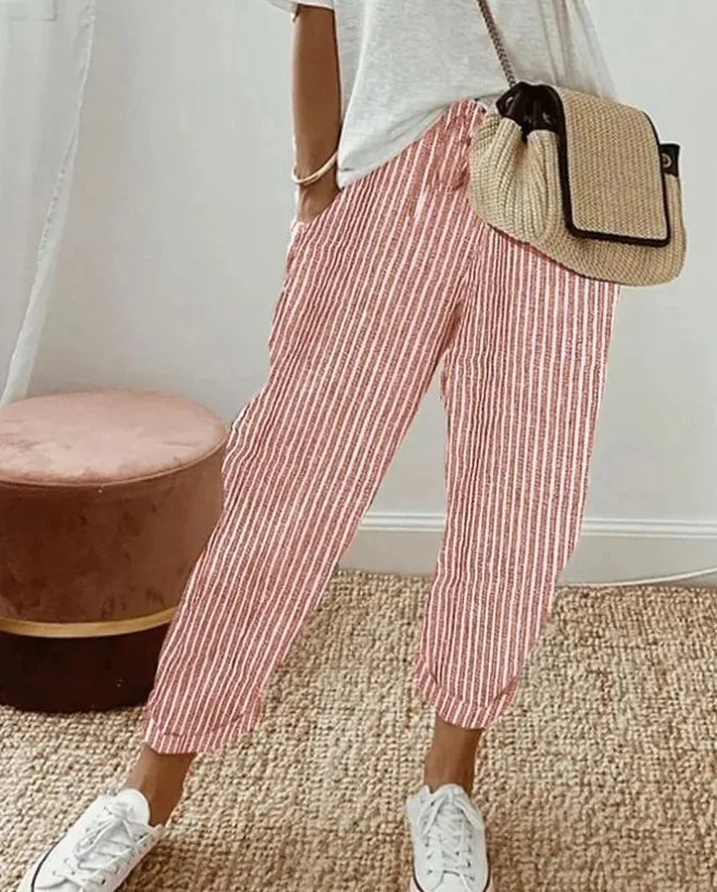 Pantalones informales con cordón de cintura elástica y estampado de rayas holgadas a la moda para mujer transfronteriza europea y americana novedad de verano