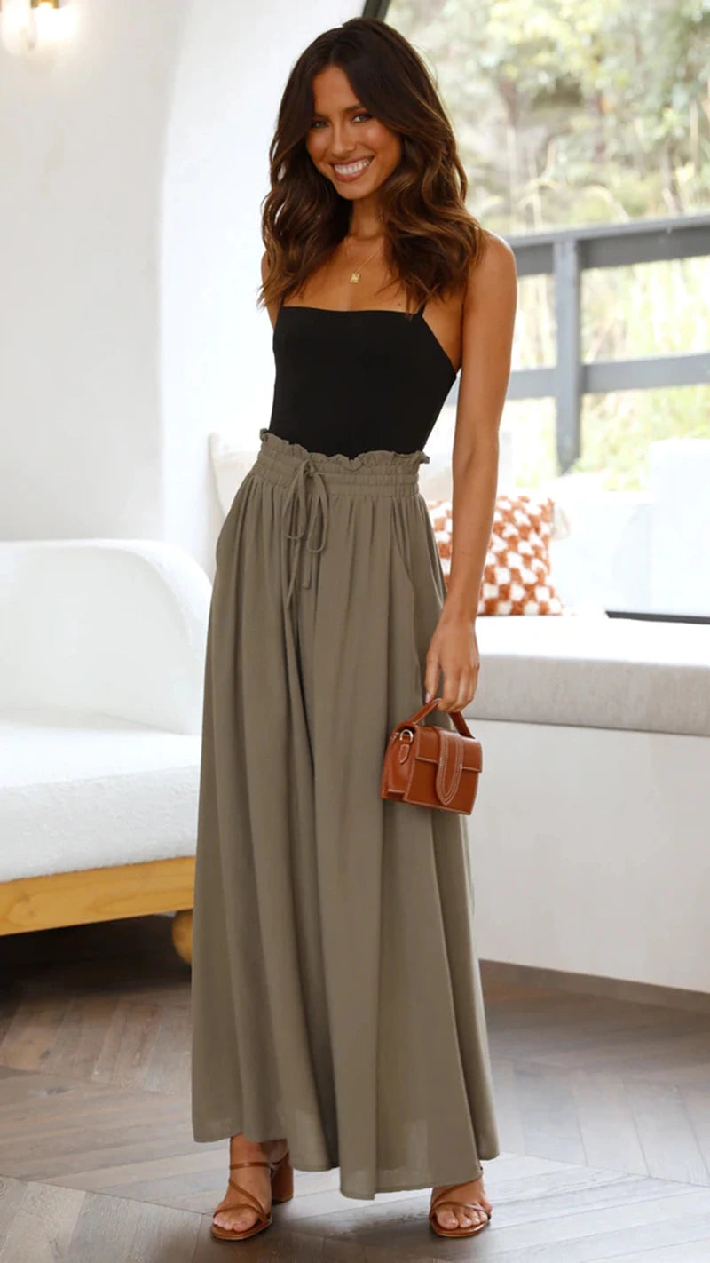 Pantalones de pierna ancha de verano para mujer con cintura elástica