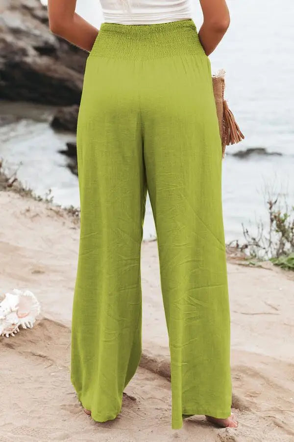 Pantalones casuales de mujer con cordón, cintura media, pierna ancha de playa, primavera y verano, pantalones europeos y americanos