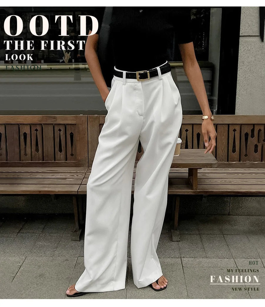 Pantalones de pierna ancha blancos ligeros de lujo para mujer, pantalones de pierna recta de cintura alta con temperamento versátil para ir al trabajo y ocio, primavera y otoño