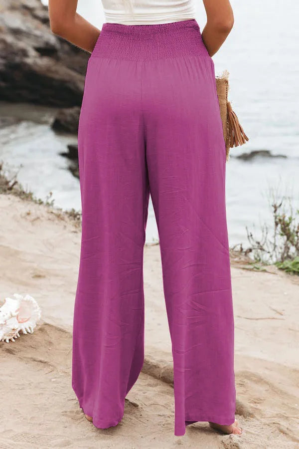 Pantalones casuales de mujer con cordón, cintura media, pierna ancha de playa, primavera y verano, pantalones europeos y americanos