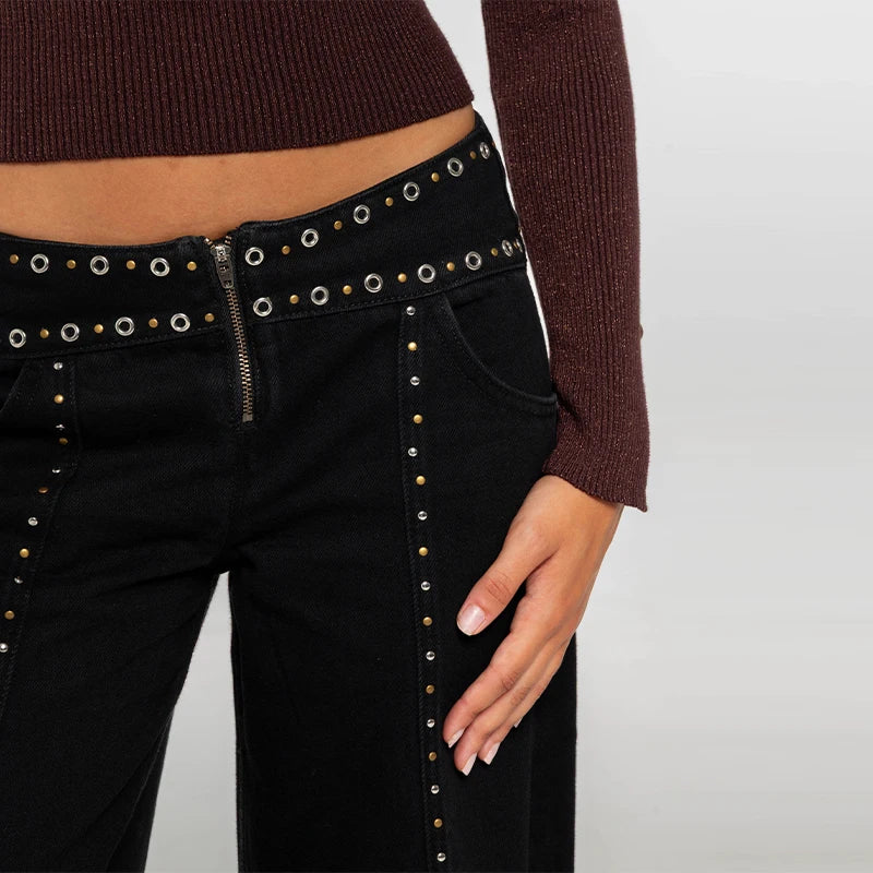Pantalones vaqueros con agujeros y remaches negros para mujer, pantalones largos Vintage de cintura media, pantalones vaqueros de pierna recta con cremallera Y2K a la moda