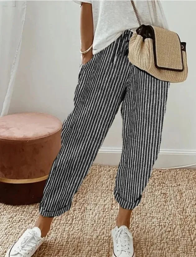 Pantalones informales con cordón de cintura elástica y estampado de rayas holgadas a la moda para mujer transfronteriza europea y americana novedad de verano