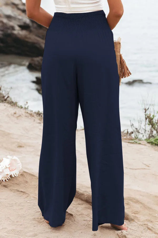 Pantalones casuales de mujer con cordón, cintura media, pierna ancha de playa, primavera y verano, pantalones europeos y americanos