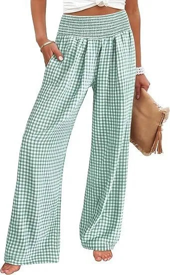 Pantalones Anchos de Cintura Media con Estampado Informal a Cuadros, de Algodón y Cáñamo, para Mujer, Primavera/Verano 2026