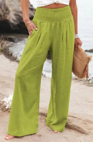 Pantalones casuales de mujer con cordón, cintura media, pierna ancha de playa, primavera y verano, pantalones europeos y americanos