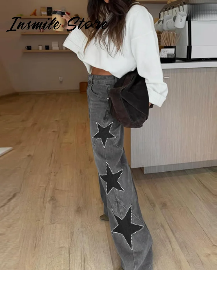 Moda mujer diamante estrella azul Jeans cintura alta bolsillos cremallera pierna ancha Denim pantalón 2026 primavera señora calle todo-fósforo pantalón