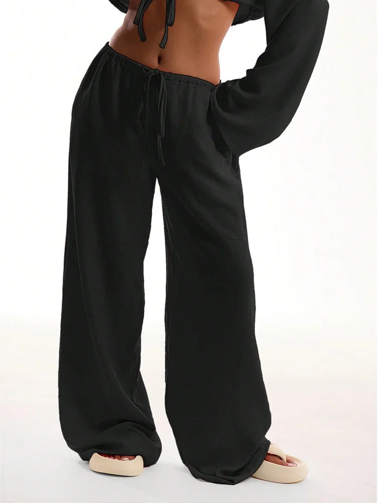 Pantalones holgados elegantes de lino y algodón para mujer, pantalón holgado de pierna ancha con cordón y cintura alta, ropa de calle informal, pantalones nuevos