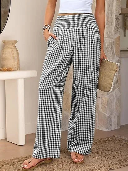 Pantalones Anchos de Cintura Media con Estampado Informal a Cuadros, de Algodón y Cáñamo, para Mujer, Primavera/Verano 2026