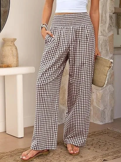 Pantalones Anchos de Cintura Media con Estampado Informal a Cuadros, de Algodón y Cáñamo, para Mujer, Primavera/Verano 2026