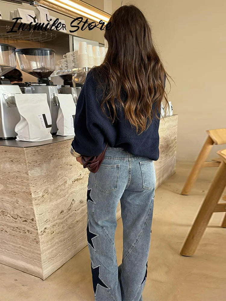 Moda mujer diamante estrella azul Jeans cintura alta bolsillos cremallera pierna ancha Denim pantalón 2026 primavera señora calle todo-fósforo pantalón