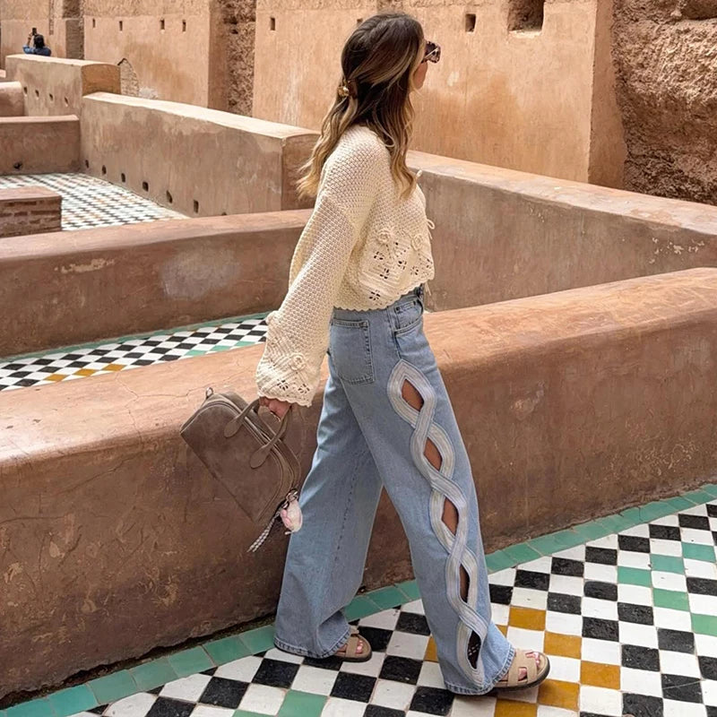Moda mujer diamante estrella azul Jeans cintura alta bolsillos cremallera pierna ancha Denim pantalón 2026 primavera señora calle todo-fósforo pantalón