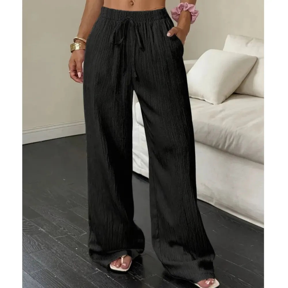 Pantalones de Moda Texturizados de Color Sólido, Pantalones Rectos con Cordones en la Cintura y Bolsillos para Mujer, Primavera-Verano, Ropa Mujer